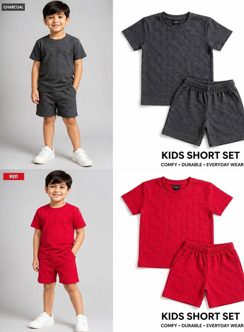 Kids Short Set Textured Check - Black