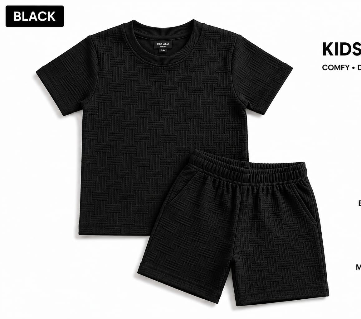Kids Short Set Textured Check - Light Grey