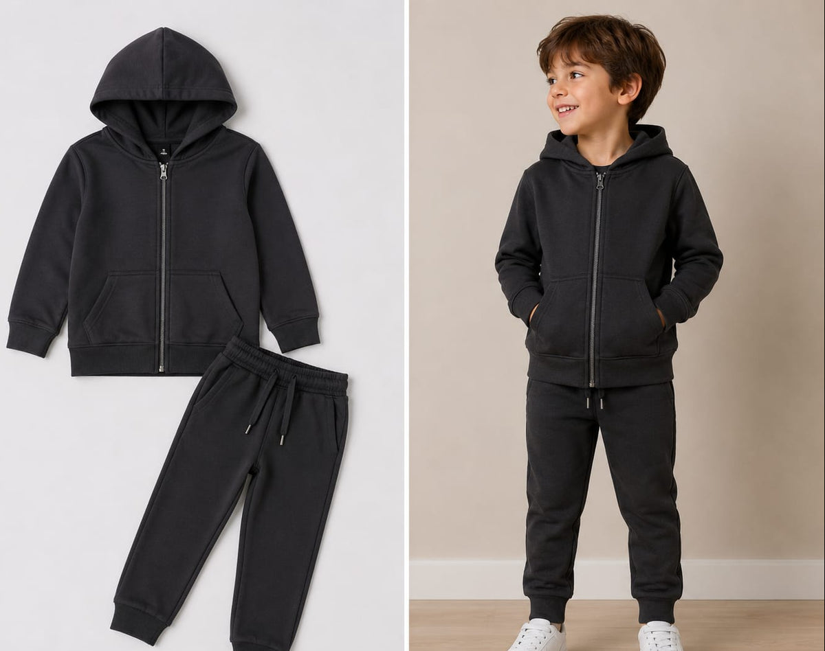 Hugr BHS260 kids zip hoodie and jogger set in Black - flat lay and on model