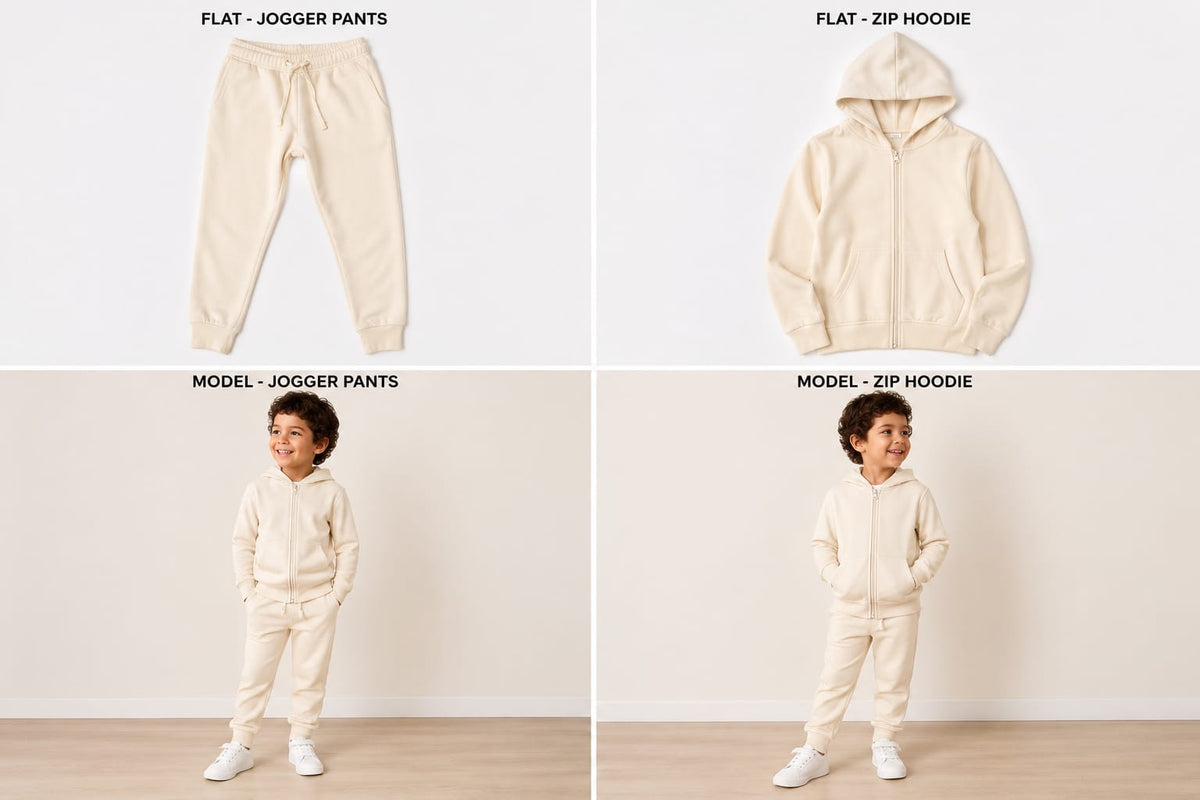 Hugr BHS260 kids zip hoodie and jogger set in Cream - flat lay and on model