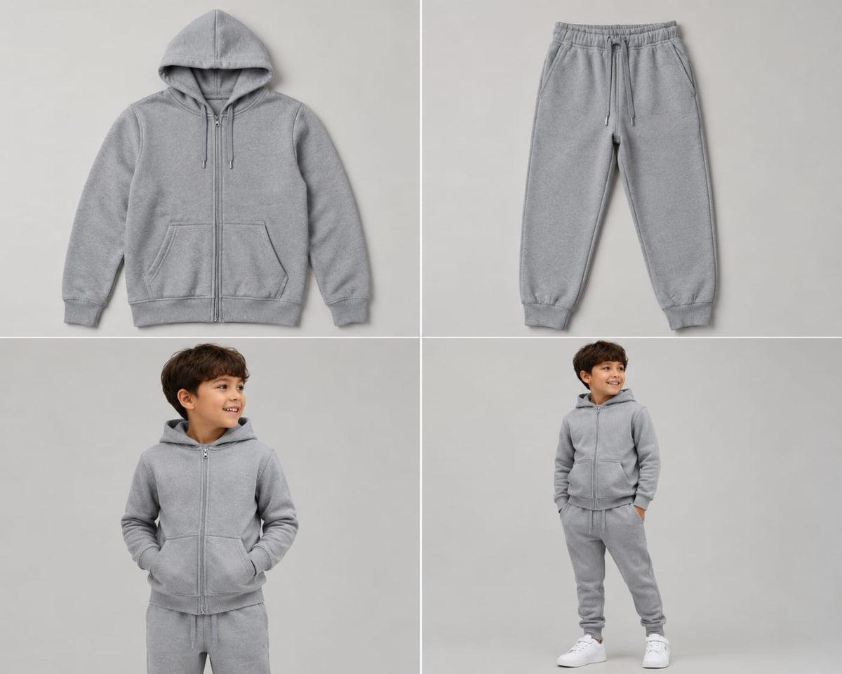 Hugr BHS260 kids zip hoodie and jogger set in Grey Melange - flat lay and on model