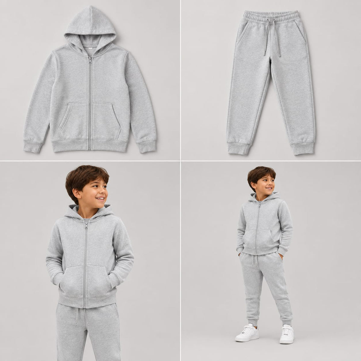 Hugr BHS260 kids zip hoodie and jogger set in Light Grey - flat lay and on model
