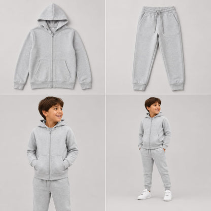 Hugr BHS260 kids zip hoodie and jogger set in Light Grey - flat lay and on model