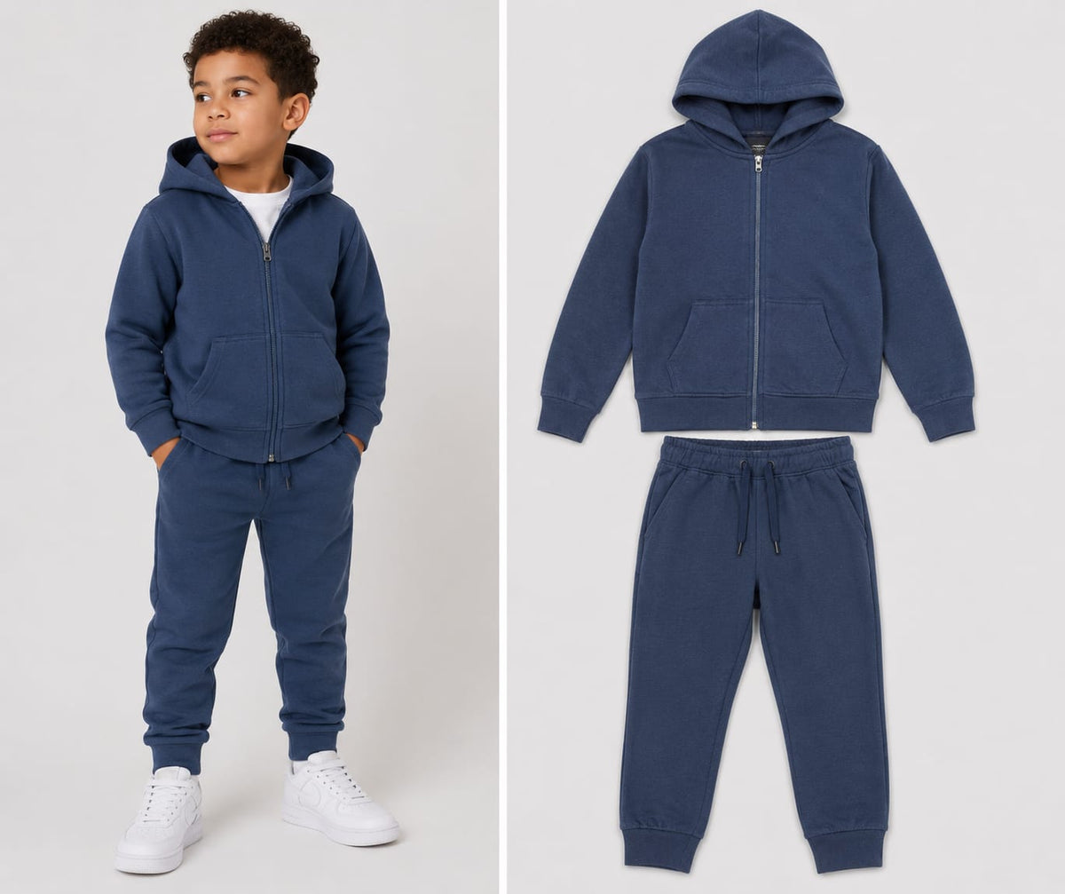Hugr BHS260 kids zip hoodie and jogger set in Navy - on model and flat lay