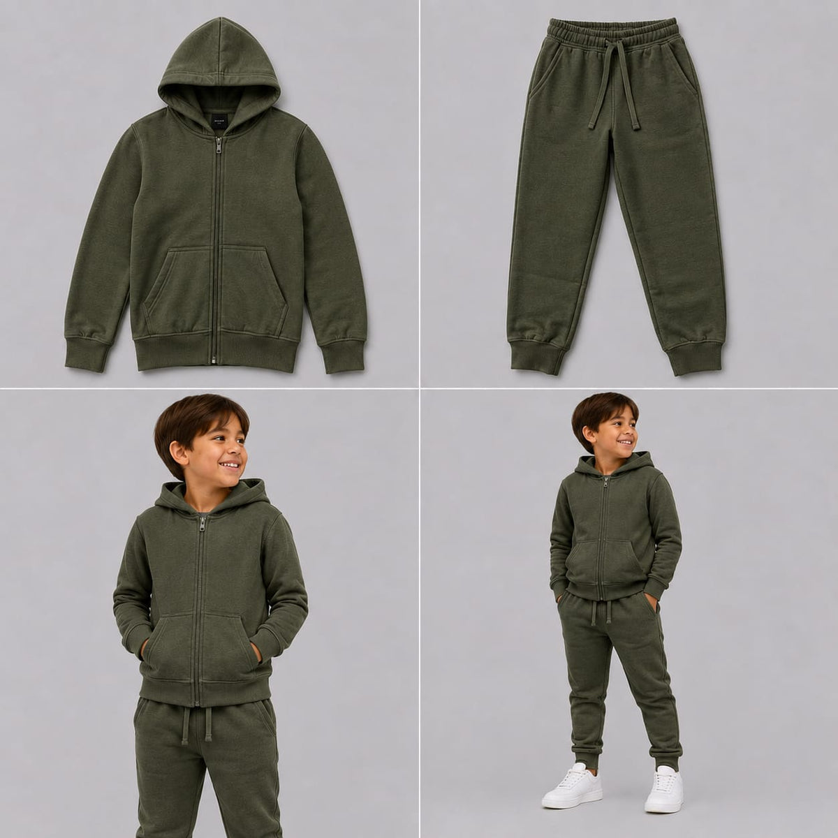 Hugr BHS260 kids zip hoodie and jogger set in Olive - flat lay and on model
