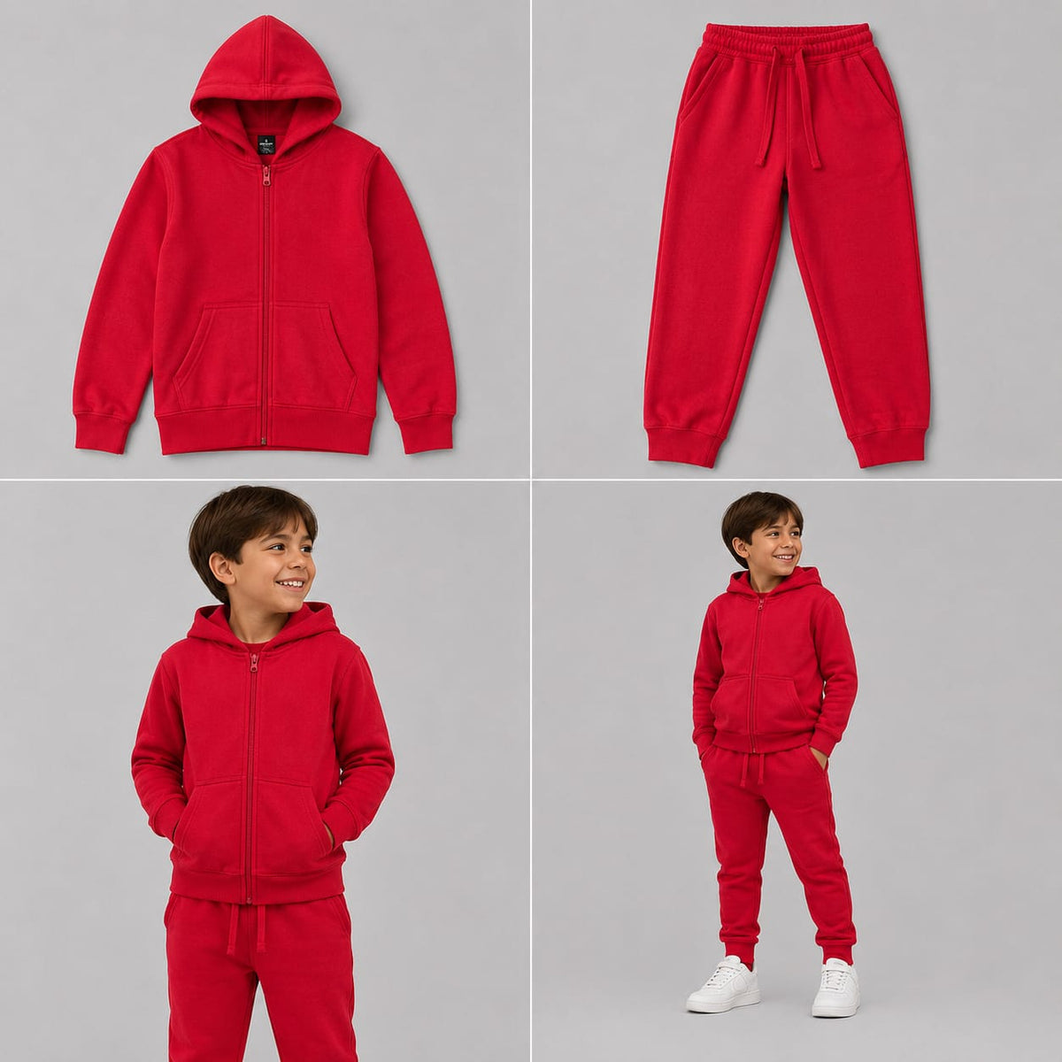 Hugr BHS260 kids zip hoodie and jogger set in Red - flat lay and on model