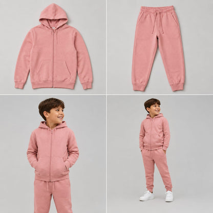 Hugr BHS260 kids zip hoodie and jogger set in Rosewood - flat lay and on model