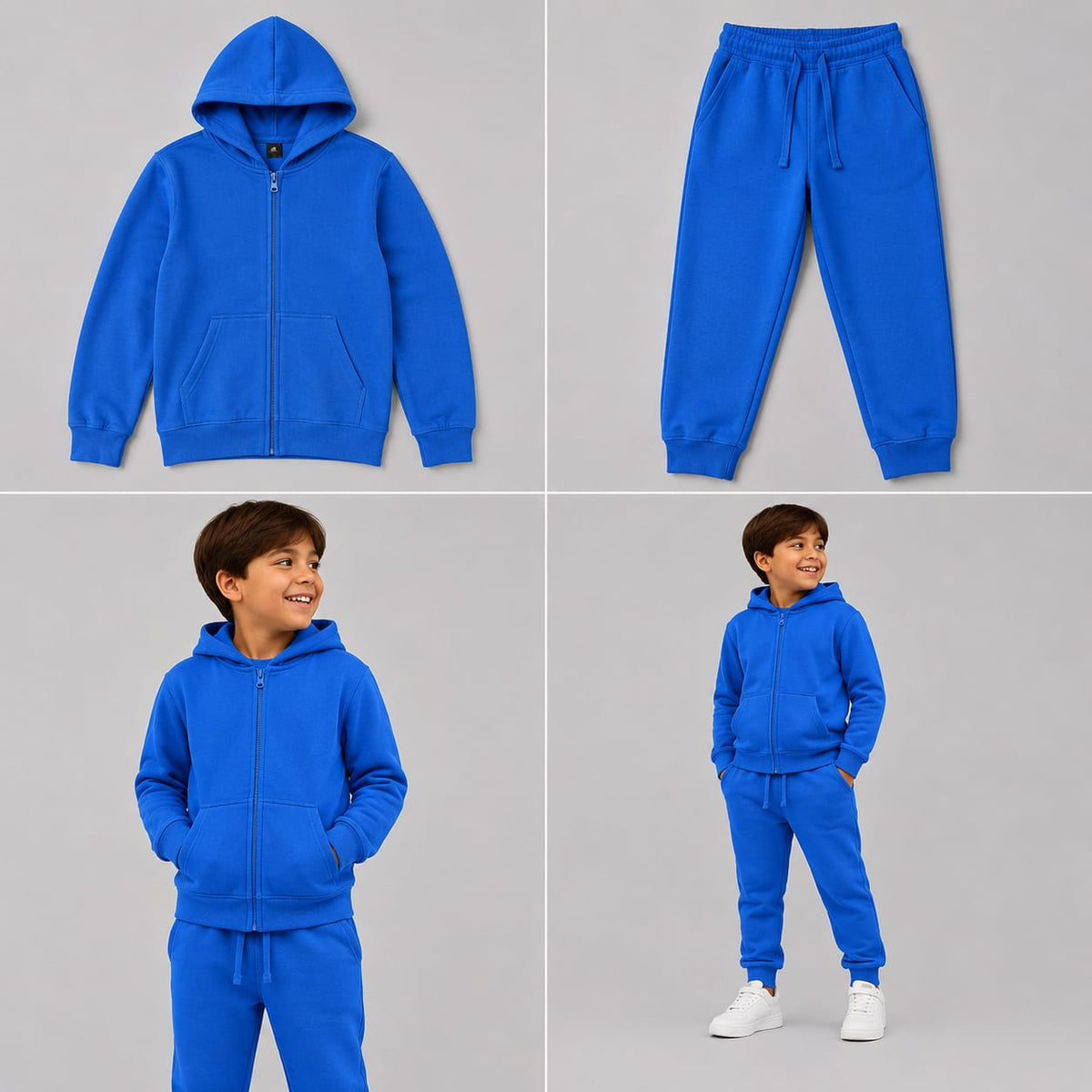 Hugr BHS260 kids zip hoodie and jogger set in Royal blue - flat lay and on model
