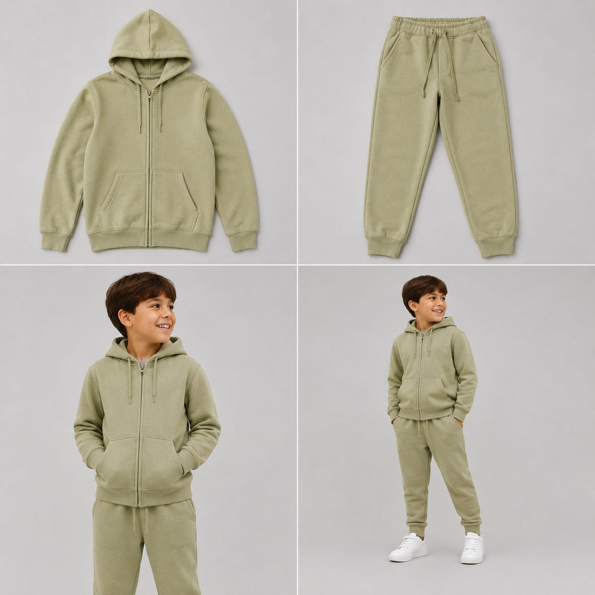 Hugr BHS260 kids zip hoodie and jogger set - flat lay and on model