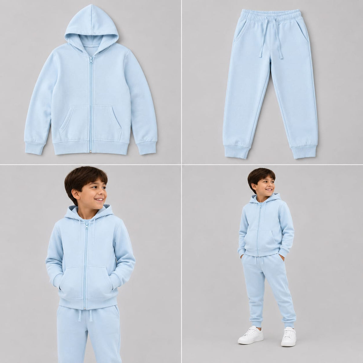 Hugr BHS260 kids zip hoodie and jogger set in Sky Blue - flat lay and on model